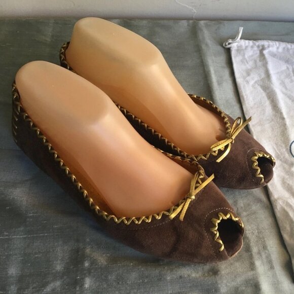Authenticated Prada Peep Toe Ballet Flats Brown & Gold Size 39.5 / US 9.5 - Picture 1 of 16
